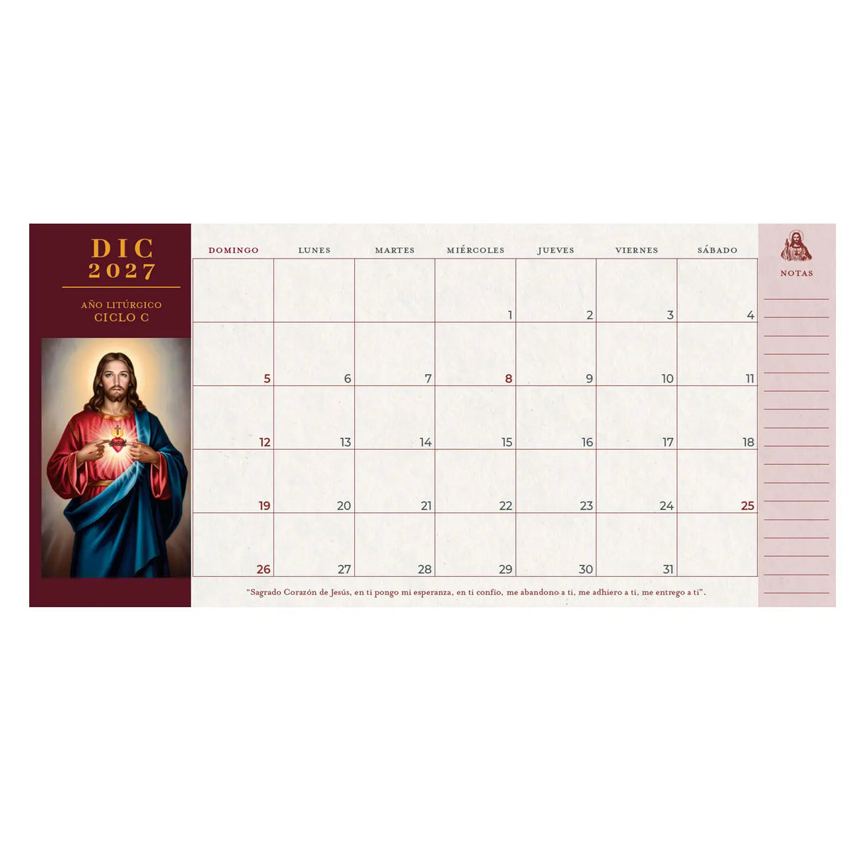 Calendario Planificador Sagrado Corazón 2027 (Para Escritorio)